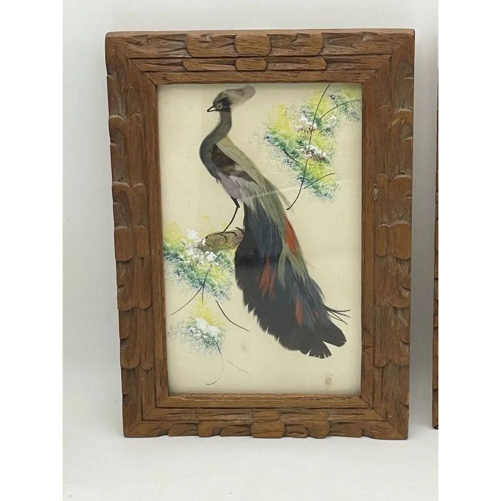 Pair Of Vintage Feather Art Bird Paintings In Carved Wooden Frames